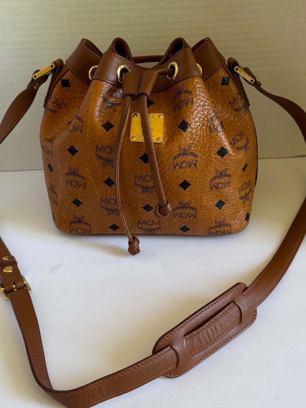 MCM Cognac Visetos Drawstring Crossbody Bucket Bag
